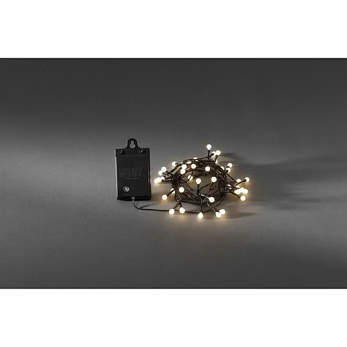 Konstsmide LED-Lichterkette Globes - Außen, Lichtfarbe: Warmweiß, Anzahl Leuchtmittel: 40 Stk., Batteriebetrieben - Schwarze batteriebetriebene warmweiße LED-Lichterkette.