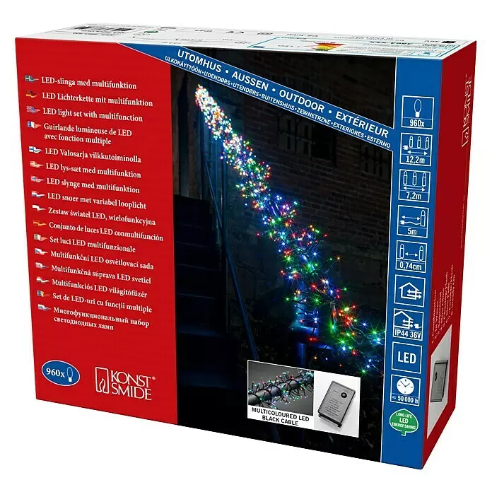 Konstsmide LED-Lichterkette Micro LED Cluster - Außen, Lichtfarbe: Mehrfarbig, Anzahl Leuchtmittel: 960 Stk. - Mehrfarbige LED-Lichterkette mit Multifunktion und schwarzem Kabel, 960 LEDs, für den Außenbereich.