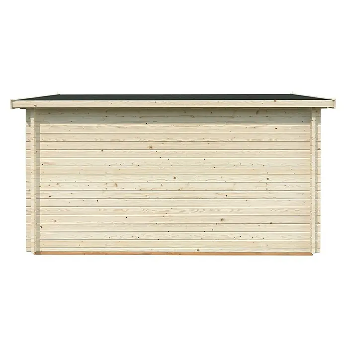 Palmako Gartenhaus - Außenmaß inkl. Dachüberstand (B x T): 434 x 379 cm, Holz, Braun - Ansicht einer Holzhütte mit horizontaler Verkleidung und einem dunklen, flachen Dach, ideal für Gärten oder als zusätzlicher Stauraum im Außenbereich.