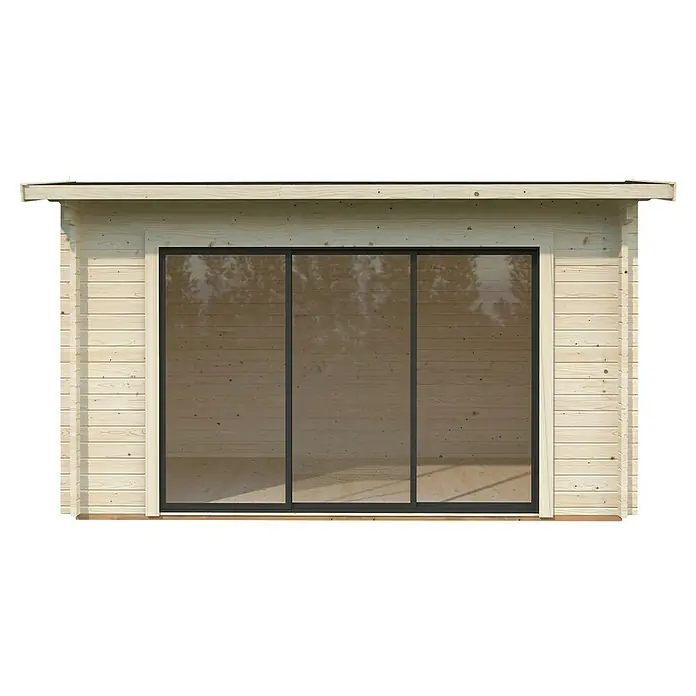 Palmako Gartenhaus - Außenmaß inkl. Dachüberstand (B x T): 434 x 379 cm, Holz, Braun - Ansicht einer modernen Holzhütte mit großen Glasschiebetüren, die viel natürliches Licht hereinlassen. Perfekt für Garten oder als stilvolles Büro.