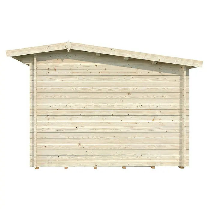Palmako Gartenhaus - Außenmaß inkl. Dachüberstand (B x T): 434 x 379 cm, Holz, Braun - Seitenansicht eines Holzgartenhauses mit geneigtem Dach und Bretterstruktur, ideal für den Garten.