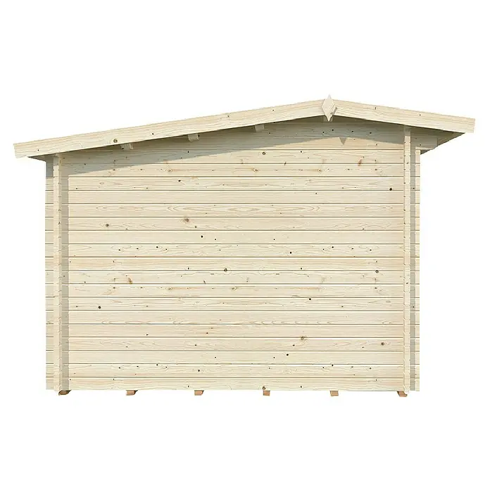 Palmako Gartenhaus - Außenmaß inkl. Dachüberstand (B x T): 434 x 379 cm, Holz, Braun - Abbildung eines Holzgartenhauses mit horizontalen Holzpaneelen und einem Giebeldach. Die natürliche Holzmaserung ist gut sichtbar.