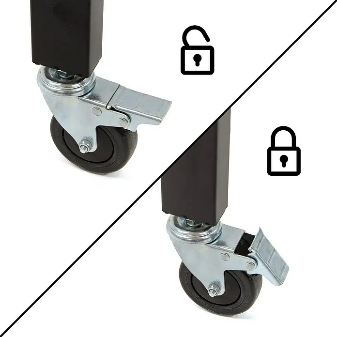 Rikta Werkbank mit Rollen - L x B: 140 x 60 cm, Arbeitshöhe: 84 cm, Belastbarkeit: 200 kg - Das Bild zeigt Rollen mit und ohne Feststellfunktion, die an einem schwarzen Rahmen befestigt sind. Praktische und flexible Lösung für Möbel.