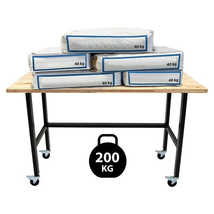 Rikta Werkbank mit Rollen (L x B: 140 x 60 cm, Arbeitshöhe: 84 cm, Belastbarkeit: 200 kg, Natur/Schwarz) | BAUHAUS
