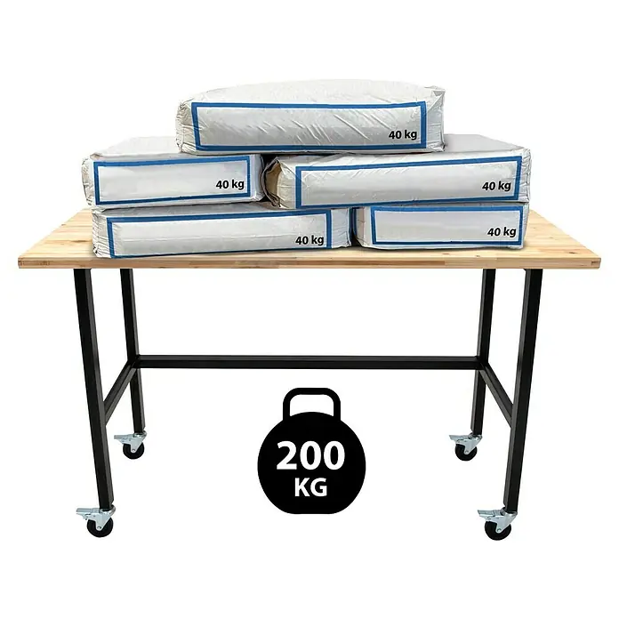 Rikta Werkbank mit Rollen - L x B: 140 x 60 cm, Arbeitshöhe: 84 cm, Belastbarkeit: 200 kg - Der Tisch ist mit sechs 40-kg-Säcken und einem zusätzlichen Gewicht von 200 kg beladen.