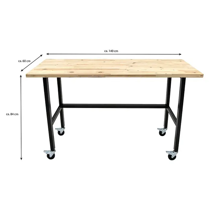 Rikta Werkbank mit Rollen - L x B: 140 x 60 cm, Arbeitshöhe: 84 cm, Belastbarkeit: 200 kg - Abbildung eines rechteckigen Tisches mit Holzplatte, schwarzen Beinen und Rollen. Die Abmessungen sind ca. 140 x 60 x 84 cm.