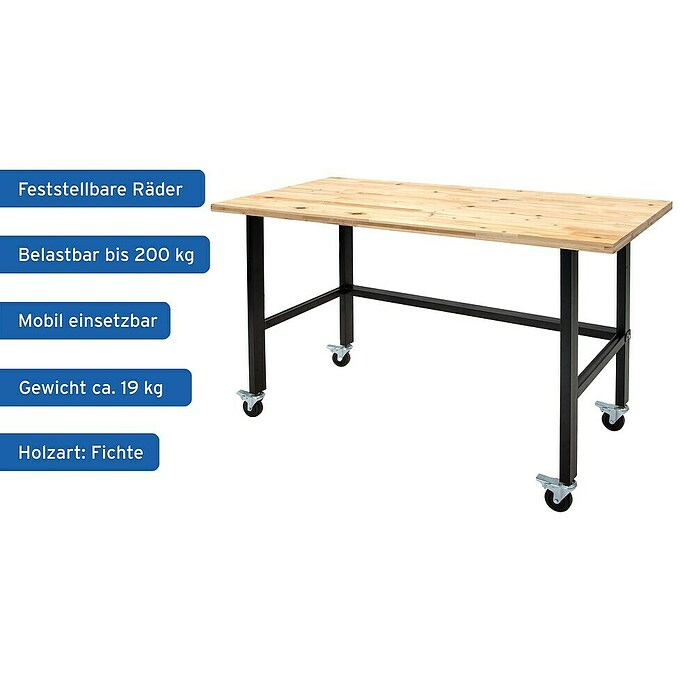 Rikta Werkbank mit Rollen (L x B: 140 x 60 cm, Arbeitshöhe: 84 cm, Belastbarkeit: 200 kg, Natur/Schwarz) | BAUHAUS