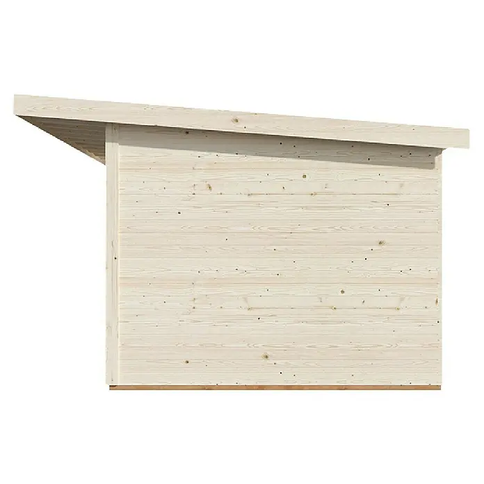 Palmako Gartenhaus Andrea Slide - Außenmaß inkl. Dachüberstand (B x T): 920 x 402 cm, Unbehandeltes Holz, Natur - Nahaufnahme einer modernen Holzstruktur mit horizontaler Verkleidung und einem markanten Pultdach für einen klaren, zeitgemäßen Look.