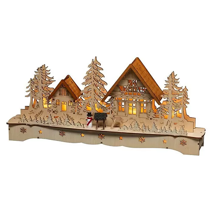 Konstsmide LED-Weihnachtsdekoleuchte Holzsilhouette Dorf mit Schneemann und Rentier - 8 x 43 x 19 cm, Braun, Batteriebetrieben, LED - Beleuchtete Weihnachtsdorf-Szene aus Holz mit Häusern, Bäumen, Schneemann und Reh, auf einem sternenverzierten Sockel.
