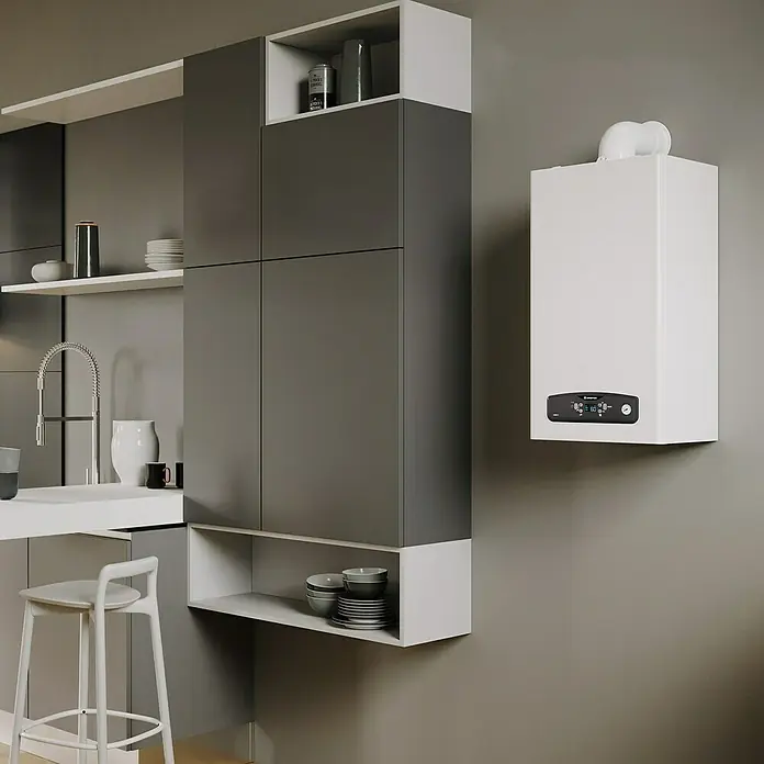 Ariston Caldera de gas Cares S 24 con instalación incluida - 20 W, Display LC - Una cocina moderna centrada en la caldera Ariston de pared, que garantiza un rendimiento de calefacción eficiente y confort en su hogar.