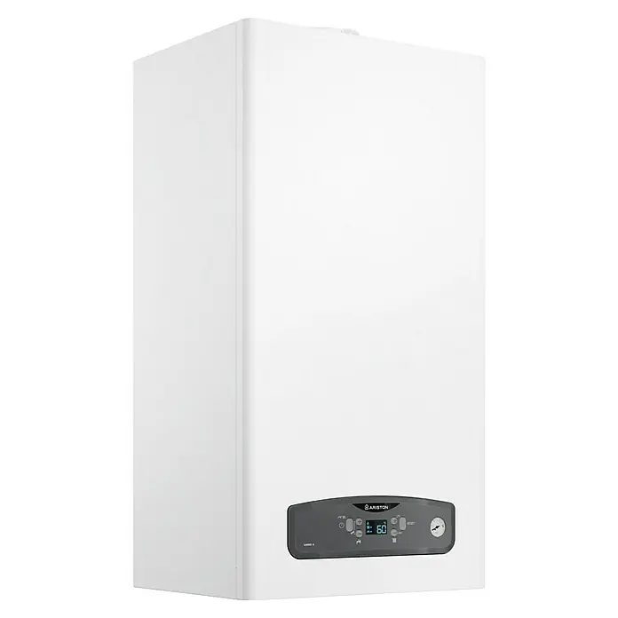 Ariston Caldera de gas Cares S 24 con instalación incluida - 20 W, Display LC - La imagen muestra una caldera de condensación a gas Ariston CARES S en blanco. La unidad tiene una pantalla digital y un diseño compacto para montaje en pared.