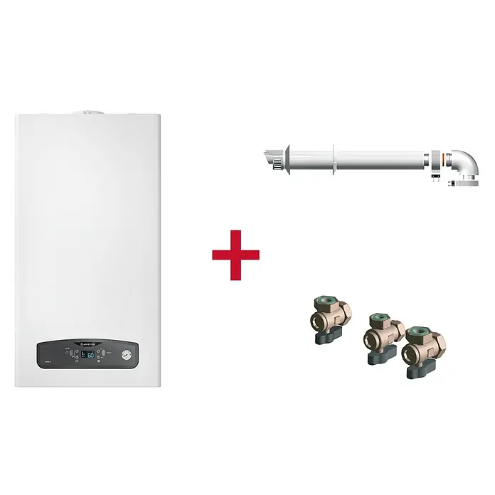 Ariston Caldera de gas Cares S 24 con instalación incluida - 20 W, Display LC - Combinación de una caldera Ariston blanca, tubo de humos y tres válvulas de cierre mostradas sobre un fondo negro.