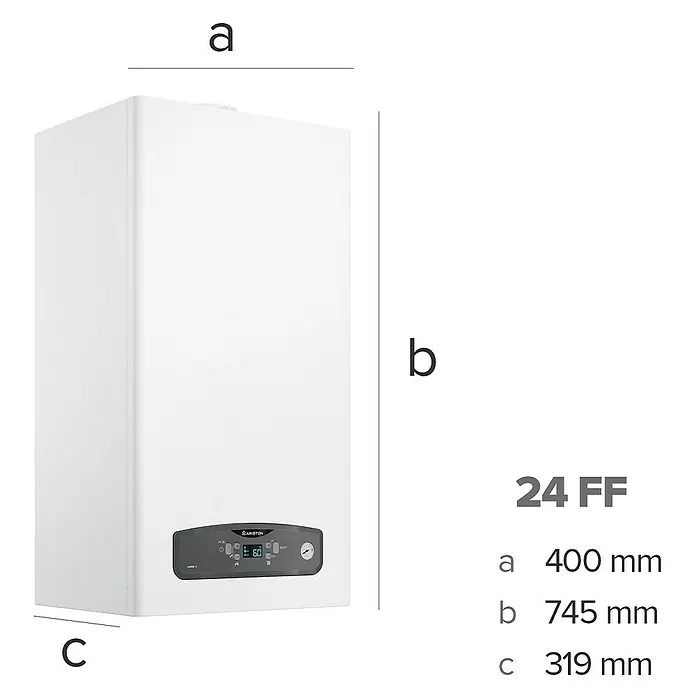 Ariston Caldera de gas Cares S 24 con instalación incluida - 20 W, Display LC - Imagen de una caldera Ariston 24 FF con detalles de tamaño. La caldera es blanca y tiene una pantalla digital.