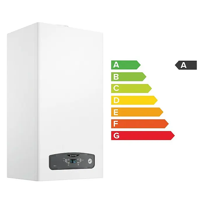 Ariston Caldera de gas Cares S 24 con instalación incluida - 20 W, Display LC - Caldera de condensación de gas Ariston blanca con clasificación de eficiencia energética A, ideal para calefacción y agua caliente.