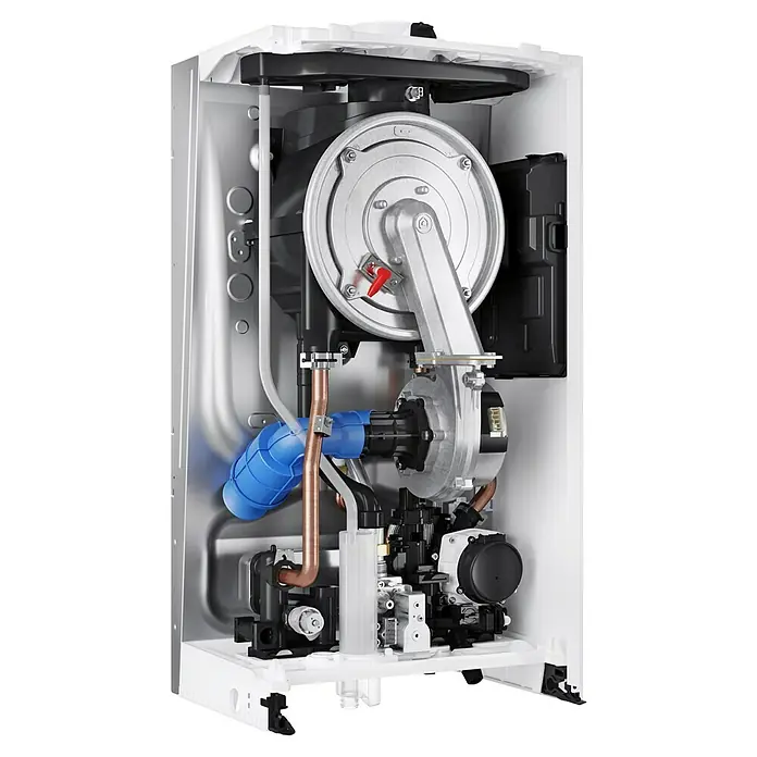 Ariston Caldera de gas Cares S 24 con instalación incluida - 20 W, Display LC - Vista interior de un sistema de calefacción, mostrando componentes como el quemador y el intercambiador de calor.