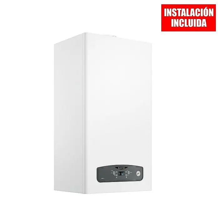 Ariston Caldera de gas Cares S 24 con instalación incluida - 20 W, Display LC - Imagen de un sistema de calefacción Ariston blanco con control digital y el aviso rojo "Instalación Incluida".