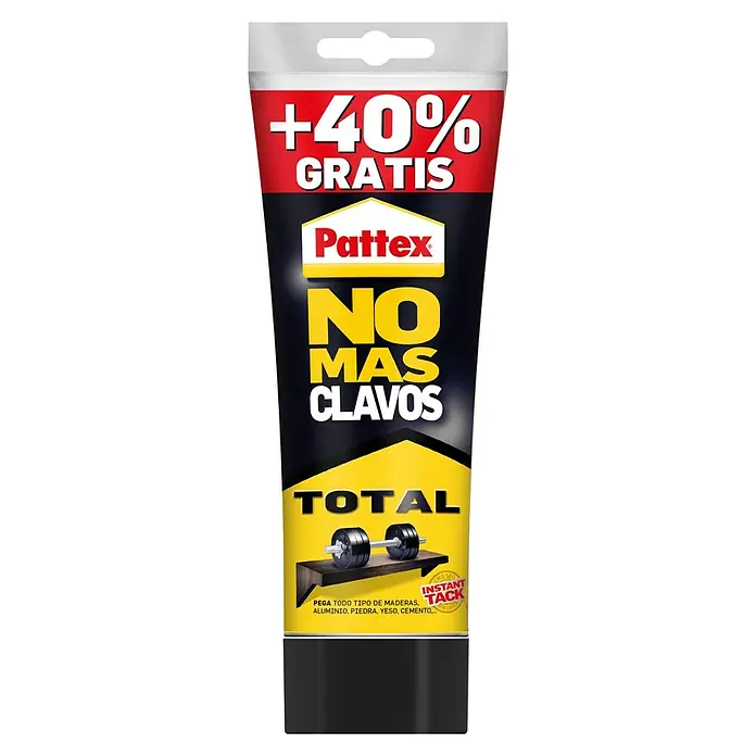 Pattex Adhesivo para montaje No más clavos - 250 g, Tubo - Imagen de un tubo de Pattex No Más Clavos Total, un adhesivo multiusos para madera, piedra, yeso y cemento, con promoción +40% gratis.