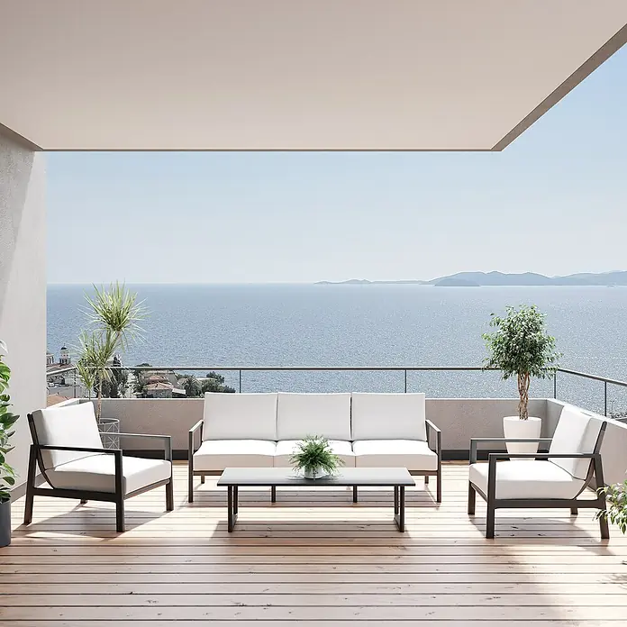 Kactus republic Conjunto de muebles Onix - 4 pzs., Aluminio/Ratán sintético, Gris - Acogedor patio con un elegante juego de sofás de exterior que ofrece relajación con vistas al mar. El diseño minimalista se integra perfectamente.