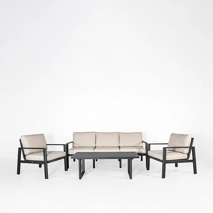 Kactus republic Conjunto de muebles Onix - 4 pzs., Aluminio/Ratán sintético, Gris - Juego de muebles de jardín con sofá, sillones y mesa, perfecto para relajarse al aire libre. Diseño elegante para cualquier jardín.