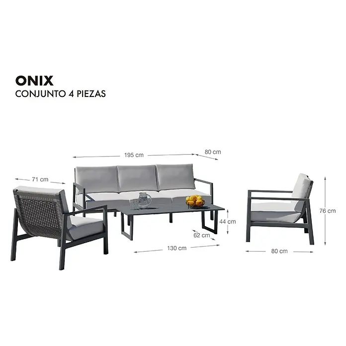 Kactus republic Conjunto de muebles Onix - 4 pzs., Aluminio/Ratán sintético, Gris - Imagen del producto de un conjunto de salón ONIX de 4 piezas con sofá, sillones y mesa, con dimensiones.