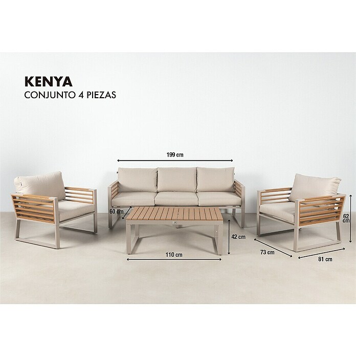 Kactus republic Conjunto de muebles Kenya (4 pzs., Aluminio/Madera sintética, Gris/Natural) | BAUHAUS