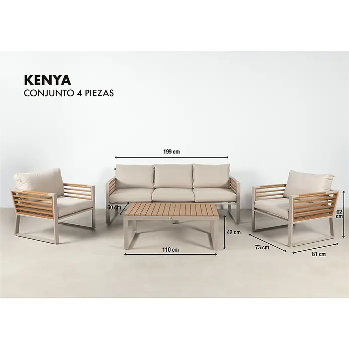 Kactus republic Conjunto de muebles Kenya - 4 pzs., Aluminio/Madera sintética, Gris/Natural - Conjunto de patio moderno de 4 piezas "KENYA" con sofá, sillones y mesa en tonos claros, ideal para espacios al aire libre.