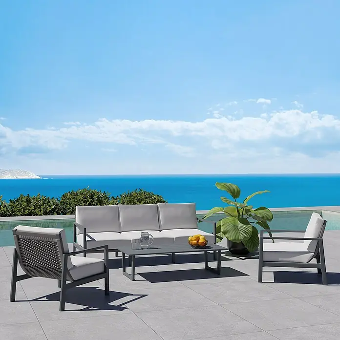 Kactus republic Conjunto de muebles Onix - 4 pzs., Aluminio/Ratán sintético, Gris - Acogedor conjunto de patio con sofá, sillones y mesa con un pintoresco fondo marino. Perfecto para relajarse al aire libre.