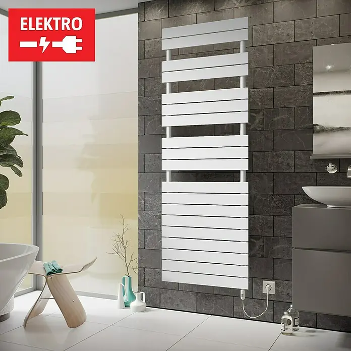 Ximax Elektro-Badheizkörper P2 Typ 2 - B x H: 600 x 1.420 mm - Weißer, horizontaler Badheizkörper an einer grauen Wand mit Elektro-Symbol. Elegantes Design für ein modernes Badezimmer.