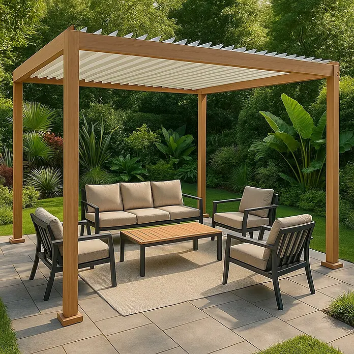 Sunfun Pérgola estándar Lanzarote - An x Pr: 294 x 294 cm, Arena/Blanco, Aluminio - Agradable conjunto de salón con pérgola y estructura de madera marrón, ideal para relajarse al aire libre. Cojines cómodos invitan a quedarse.