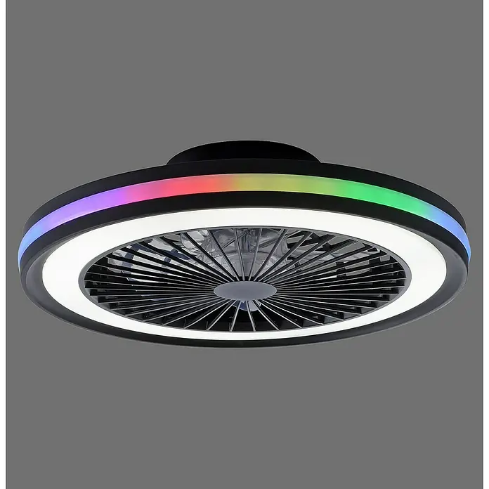 Just Light Ventilador de techo Brandon - Diámetro: 46,5 cm, Negro, 36 W, RGB - Lámpara de techo moderna con ventilador e iluminación LED negra. La banda de luz de colores crea un ambiente individual.