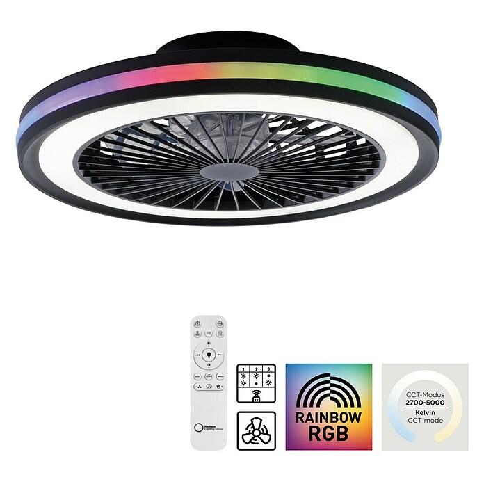 Just Light Ventilador de techo Brandon (Diámetro: 46,5 cm, Negro, 36 W, RGB) | BAUHAUS