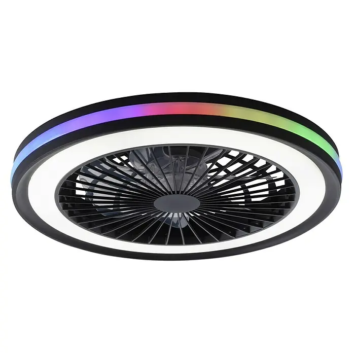 Just Light Ventilador de techo Brandon - Diámetro: 46,5 cm, Negro, 36 W, RGB - Lámpara de techo LED con ventilador. La lámpara tiene un marco negro y un anillo de luz de colores. El ventilador tiene aspas de rotor negras.