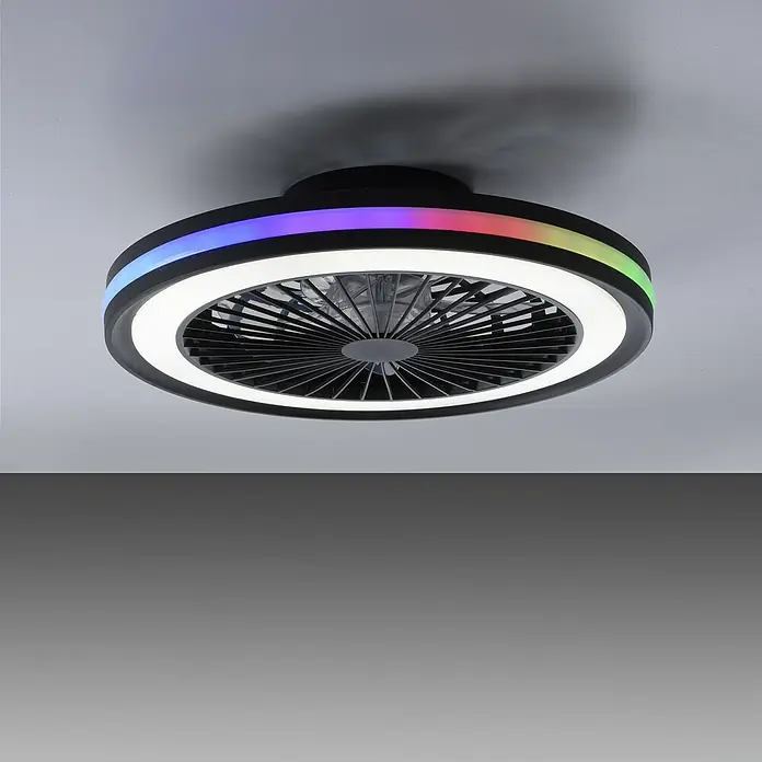 Just Light Ventilador de techo Brandon - Diámetro: 46,5 cm, Negro, 36 W, RGB - Ventilador de techo redondo negro con iluminación LED multicolor, moderno y funcional para cualquier espacio.