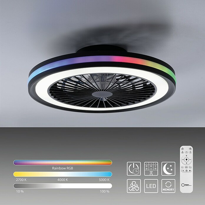 Just Light Ventilador de techo Brandon (Diámetro: 46,5 cm, Negro, 36 W, RGB) | BAUHAUS