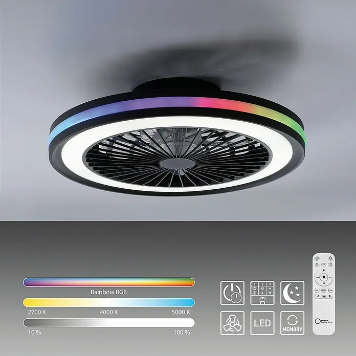 Just Light Ventilador de techo Brandon - Diámetro: 46,5 cm, Negro, 36 W, RGB - Lámpara de techo moderna con ventilador e iluminación RGB para un ambiente agradable y un ambiente elegante.
