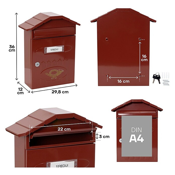 Arregui Villa Buzón de correo E-5002 (Chapa de acero, L x An x Al: 24 x 10 x 36 cm, Rojo)