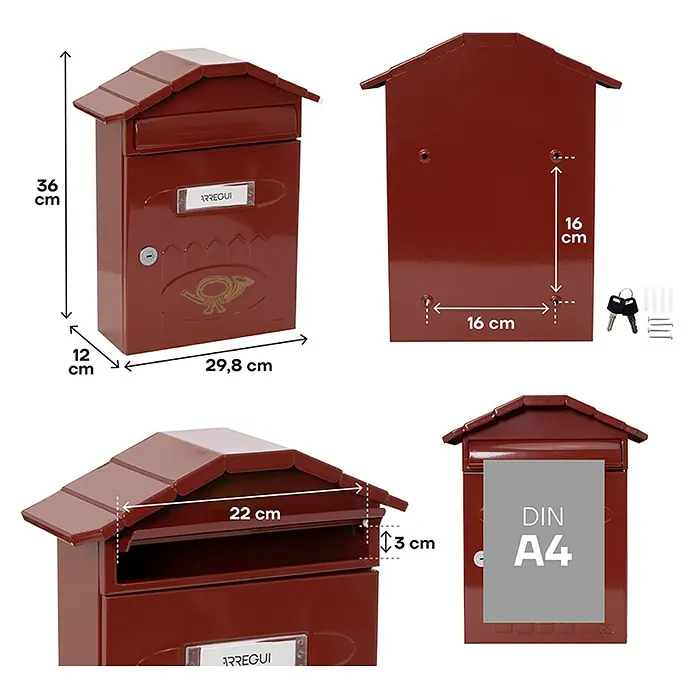 Arregui Villa Buzón de pared E-5002 - L x An x Al: 24 x 10 x 36 cm, Rojo, Acero - Varias vistas de un buzón burdeos Arregui con dimensiones de altura, anchura y profundidad.