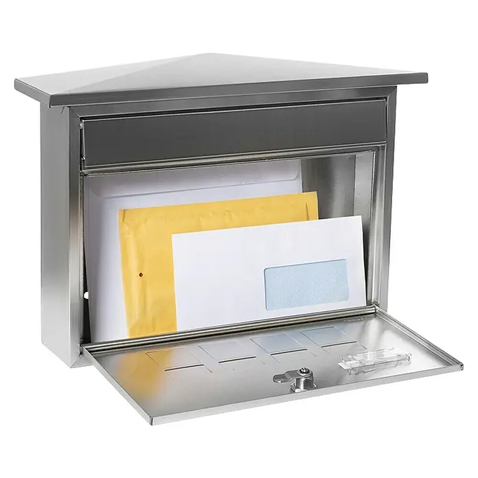 Arregui Buzón de pared Deco - L x An x Al: 10 x 41 x 27,5 cm, Plateado, Acero inoxidable - Buzón moderno de acero inoxidable abierto con cartas. Solución ideal para la recepción segura de su correo.