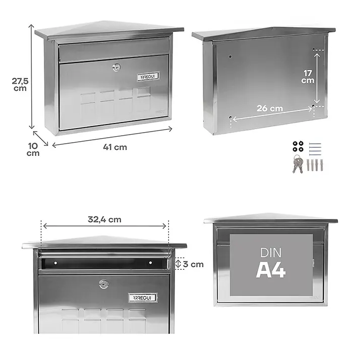 Arregui Buzón de pared Deco - L x An x Al: 10 x 41 x 27,5 cm, Plateado, Acero inoxidable - Vistas del buzón angular de acero inoxidable Arregui con dimensiones y accesorios para montaje en pared.