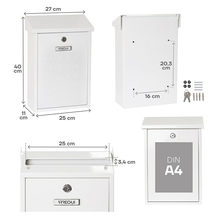 Arregui Premium Buzón de correo E-5601 (Chapa de acero, L x An x Al: 25 x 10 x 40 cm, Blanco)