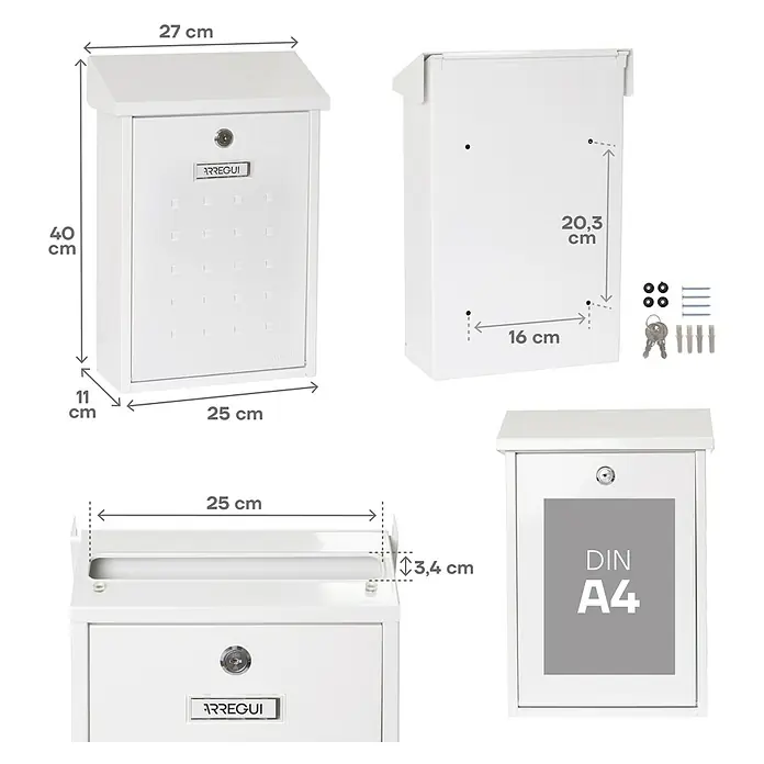 Arregui Premium Buzón de pared E-5601 - L x An x Al: 25 x 10 x 40 cm, Blanco, Acero - Imagen de un buzón Arregui blanco con medidas y formato DIN A4, ideal para uso exterior para el almacenamiento seguro del correo.