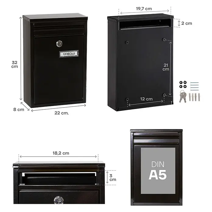 Arregui Buzón de pared Zaguán - L x An x Al: 8 x 22 x 32 cm, Negro, Acero - Imagen que muestra un buzón Arregui negro con dimensiones de altura, anchura y profundidad.