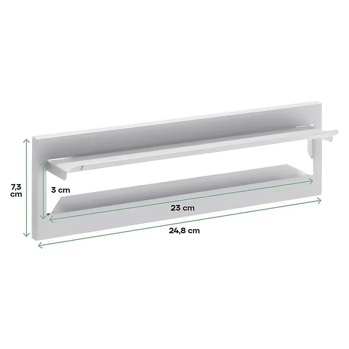 Arregui Bocacartas C-603 - L x An x Al: 24,8 x 7,3 x 2 cm, Acero, Blanco - Primer plano de un especiero blanco con medidas. Ideal para la organización de la cocina y el almacenamiento de especias y hierbas.