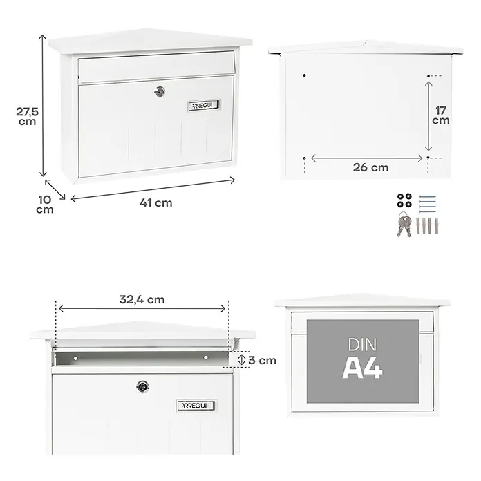 Arregui Buzón de pared Deco - L x An x Al: 10 x 41 x 27,5 cm, Blanco, Acero inoxidable - Imagen del producto de un buzón blanco con dimensiones, diseñado para formatos DIN A4, incluyendo accesorios como llaves y tornillos.