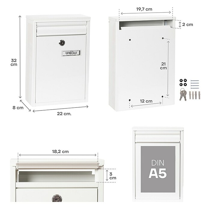 Arregui Buzón de correo Zaguán (L x An x Al: 8 x 22 x 32 cm, Blanco)