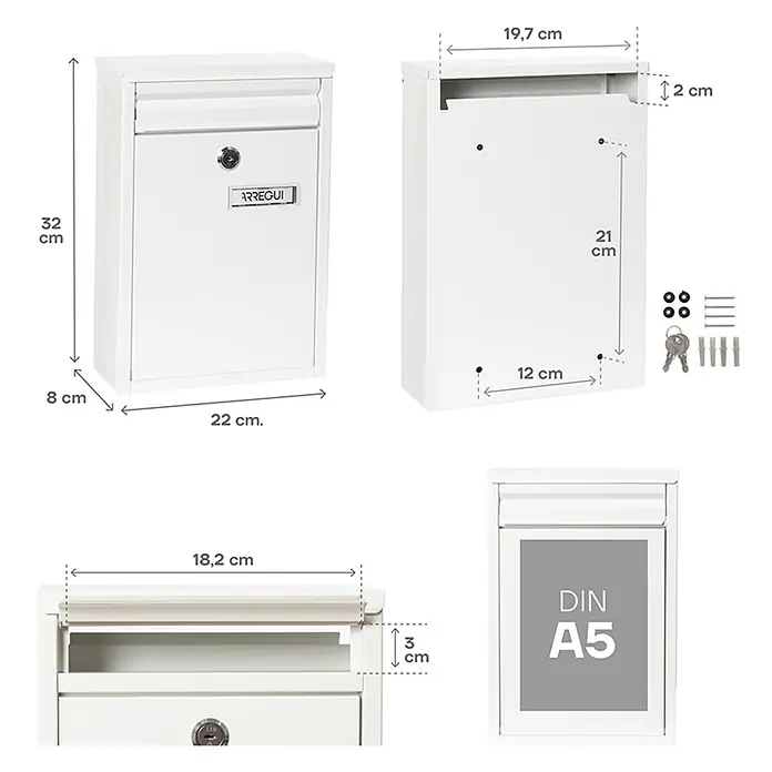 Arregui Buzón de pared Zaguán - L x An x Al: 8 x 22 x 32 cm, Blanco, Acero - Vistas de un buzón Arregui blanco con dimensiones y accesorios, apto para formatos DIN A5.