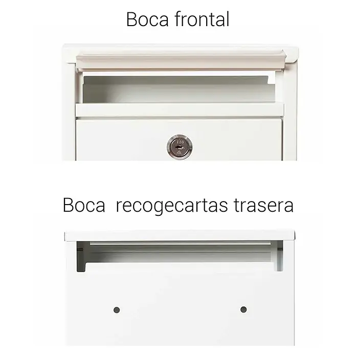 Arregui Buzón de pared Zaguán - L x An x Al: 8 x 22 x 32 cm, Blanco, Acero - Vista frontal y posterior de un buzón blanco con las etiquetas "Boca frontal" y "Boca recogecartas trasera".