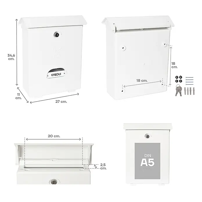 Arregui Classic Buzón de pared E-107 - L x An x Al: 27 x 11 x 34,6 cm, Blanco, Plástico - Imagen de un buzón Arregui blanco con dimensiones y accesorios, utilizada para mostrar los detalles del producto.