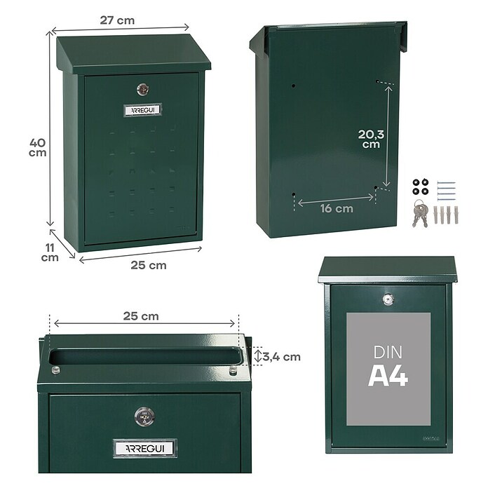Arregui Premium Buzón de correo E-5603 (Chapa de acero, L x An x Al: 25 x 10 x 40 cm, Verde)