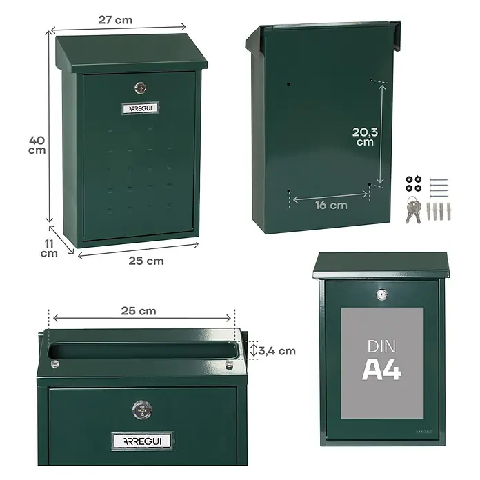 Arregui Premium Buzón de pared E-5603 - L x An x Al: 25 x 10 x 40 cm, Verde, Acero - La imagen muestra un buzón verde ARREGUI con dimensiones de altura, anchura y profundidad. Incluye materiales de montaje y llaves.